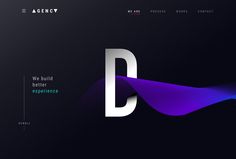 an abstract website design with the letter d in white and purple colors on a black background