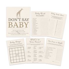 baby shower game with the words don't say baby written on it and four cards