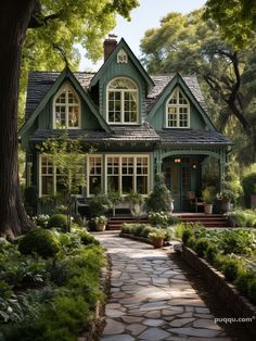 a green house surrounded by greenery and stone walkway leading to the front door with large windows