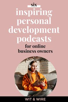 a woman with headphones on sitting in front of a brick wall and text that reads six