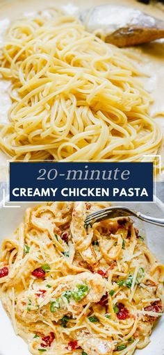 creamy chicken pasta in a white bowl with text overlay