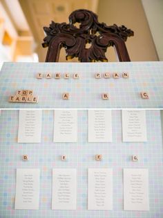 a table with scrabble tiles and wooden letters on it