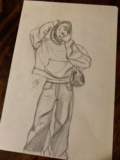 a pencil drawing of a person holding a purse