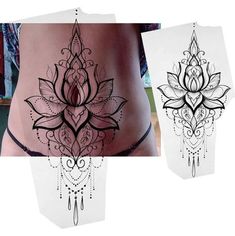 the back of a woman's stomach with tattoos on it and an image of a lotus