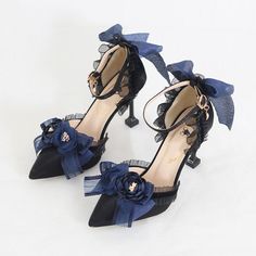 Fabric Material: Pu Color: Pink, Black, Blue, White, Dark blue Heels Height: 5cm/1.97" Black Dress With Blue Heels, Manhwa Heels, Dark Blue Shoes, Dark Blue Heels, Princess Heels, Navy Blue Heels, Fantastic Shoes, Colorful Heels, Prom Heels