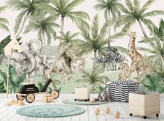 an animal themed children's room with zebras, giraffes and other animals