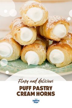 puff pastry cream horns on a plate with the words fluffy and delicious written above them