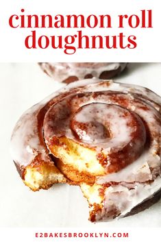 cinnamon roll doughnuts with icing on top and the title overlay reads, cinnamon roll doughnuts