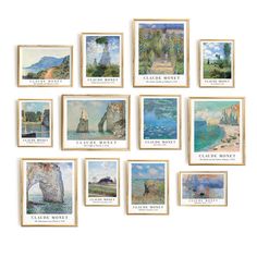 nine framed art pieces depicting the famous seashores and cliffs in pastel colors