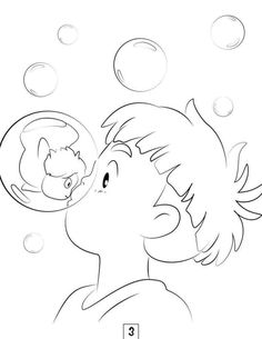 a drawing of a boy blowing bubbles with his nose to the side, in black and white