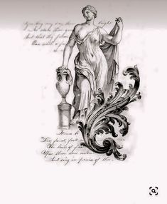 a drawing of a woman holding a vase in her right hand and writing on the left