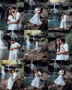 a couple kissing in front of a waterfall with their arms around each other and holding each other