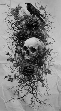 a skull with roses and a crow on it's head is surrounded by branches