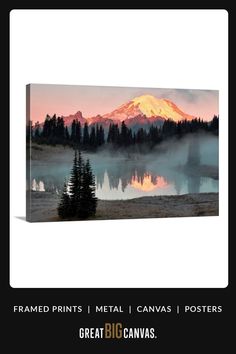 an image of a mountain with fog in the air and trees around it, on a white background