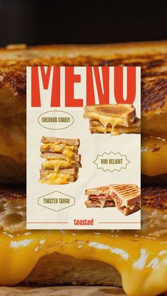 grilled cheese sandwiches are stacked on top of each other with the words menu written below them