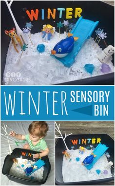 a collage of photos with the words winter sensory bin