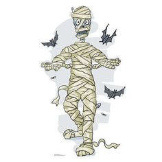 a drawing of a cartoon character wrapped in bandages with bats around him and on the ground