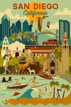 an illustrated poster with people and buildings in the background that says san diego, california