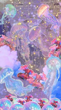 an artistic painting of jellyfish and other sea creatures in blue, pink, purple and yellow colors