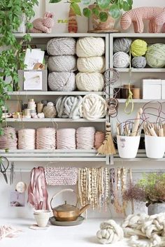 a shelf filled with lots of yarn next to potted plants and other items on shelves