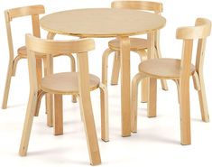 a wooden table and four chairs with one chair on the other side, in front of a white background