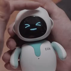 a person holding a small white and blue toy in their hand with the word eiko on it's face