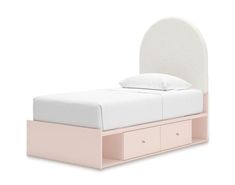 a bed with two drawers underneath it and a white headboard on the top shelf