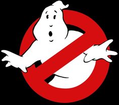 a ghost with arms outstretched in front of a red and white sign that says no ghost