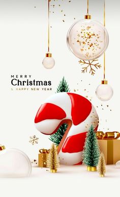 merry christmas greeting card with candy canes and presents on white background, 3d illustration