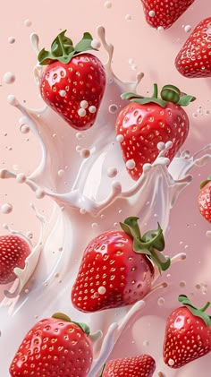 strawberries falling into milk with splashing white liquid on pink background, top view