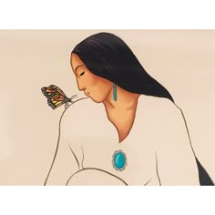 a painting of a woman with a butterfly on her nose, looking at the ground