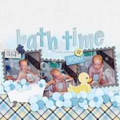 a scrapbook page with baby pictures and rubber ducky