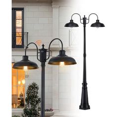 an outdoor lamp post with two lights on each side and one light on the other