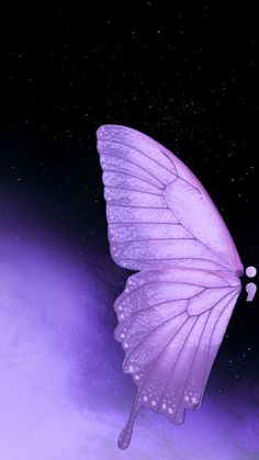 a purple butterfly flying in the sky with stars on it's back end and wings spread out