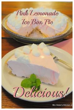 a pink lemonade ice box pie on a white plate