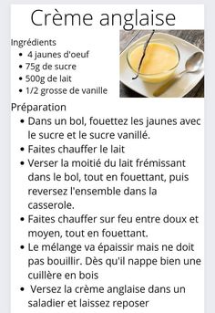 the recipe for creme angaise is shown in english and french, with instructions to make it