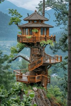 a tree house built into the side of a mountain