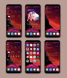 six iphones with different app icons displayed on the screens, all in black and red