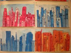 four paintings of city buildings painted on paper