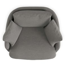 a grey chair with two pillows on it's back and one arm folded up