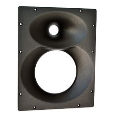 a black square speaker with two holes in the center