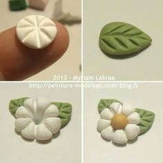 four different pictures of polymer flowers and leaves