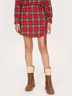 a woman in a red plaid shirt dress and brown boots Plaid Mini Skirt, Oversized Cardigan, Plaid Design, Red Plaid, Cotton Style, Cider, Classic Black, Coffee Shop, Mini Skirt