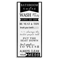 a bathroom rules sign hanging on the side of a wall with black and white lettering