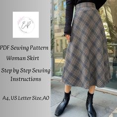 a woman is wearing a skirt and black boots with the words pddf sewing pattern woman skirt step by step sewing instructions