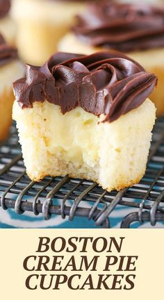 boston cream pie cupcakes on a cooling rack