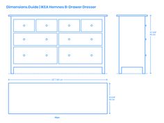 the measurements for a dresser with drawers and drawers on each side is shown in blue