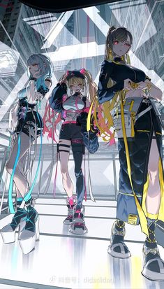 three anime characters are standing in front of a glass wall with their backs turned to the camera