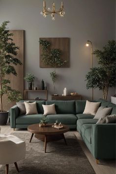 a living room filled with lots of furniture and plants on the wall next to a coffee table