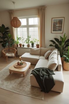 a living room filled with furniture and plants